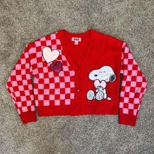 Peanuts Snoopy Heart Cardigan Small Red Pink Checkerboard Coquette Kawaii S